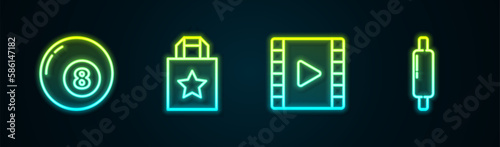 Set line Billiard pool snooker ball, Paper shopping bag, Play Video and Rolling. Glowing neon icon. Vector