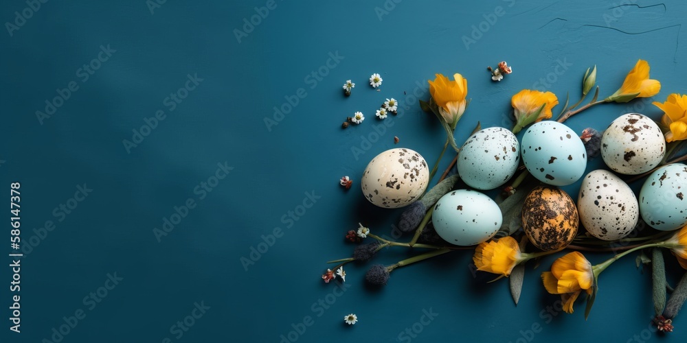 Easter and flowers banner blue pastel background - Generative AI