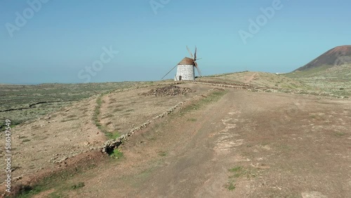 Spanish windmill aerial view in Fuerteventura island