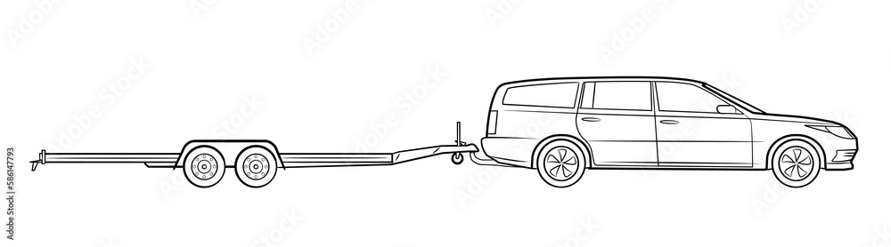 Station wagon car with open trailer vector stock illustration.