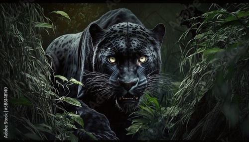 The Fury of the Jungle with an Intensely Glaring Black Panther in its Natural Habitat Generated by AI