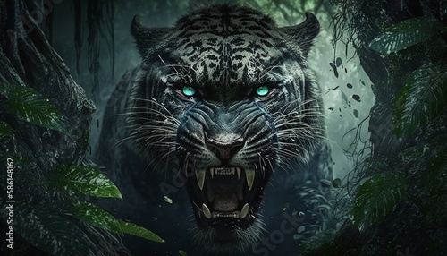 The Fury of the Jungle with an Intensely Glaring Black Panther in its Natural Habitat Generated by AI © Rodrigo
