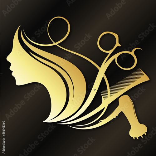 Girl face silhouette, scissors hairbrush hair stylist hair dryer. Design for beauty and hair salon