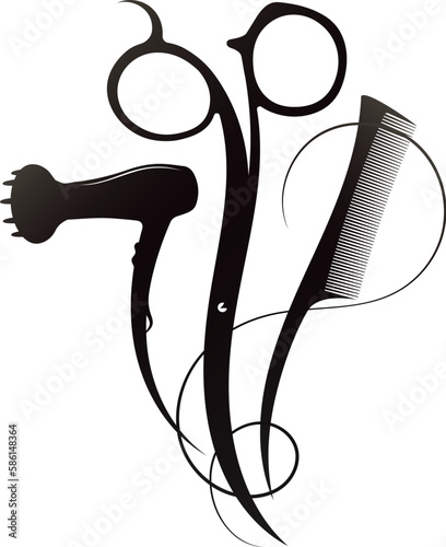 Hair stylist hair dryer comb scissors and beautiful curl of hair. Design for beauty and hair salon