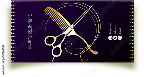Golden scissors comb and curls of hair. Unique elegant beauty salon business card