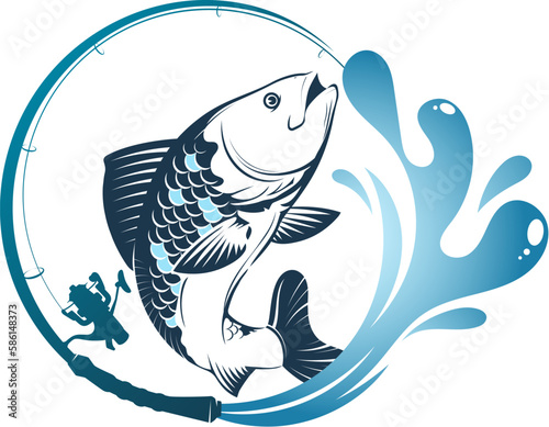 Fish catch and fishing rod with splashes of water. Design for fishing