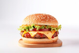 Delicious fresh burger with beef and pork cutlet, melted cheese and tomato on a white background, isolate. AI generated.