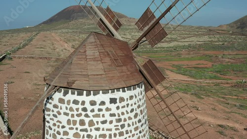 Spanish windmill aerial view in Fuerteventura island