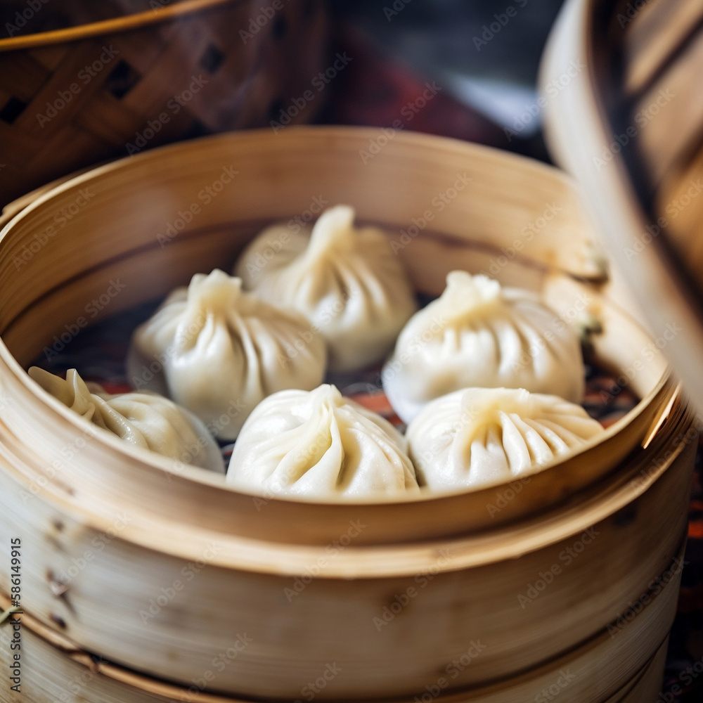 Closeup view of steamed Chinese dumpling in a bamboo steamer basket Closeup view of steamed Chinese dumpling in a bamboo steamer basket