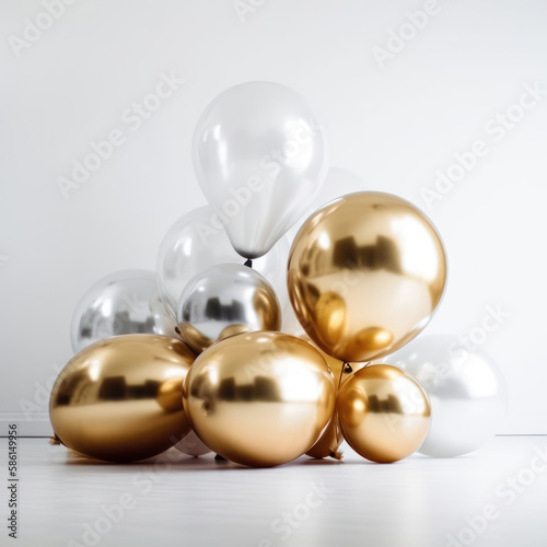 Gold and white balloon on white background with copy space. generative ai.