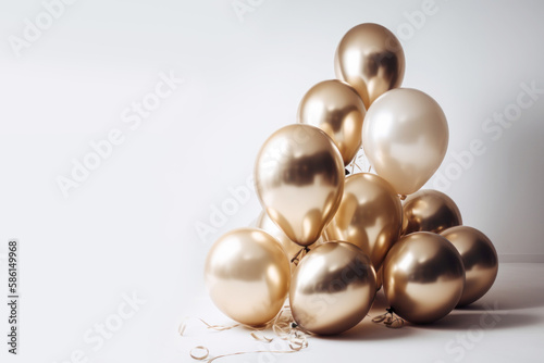 Gold and white balloon on white background with copy space. generative ai.