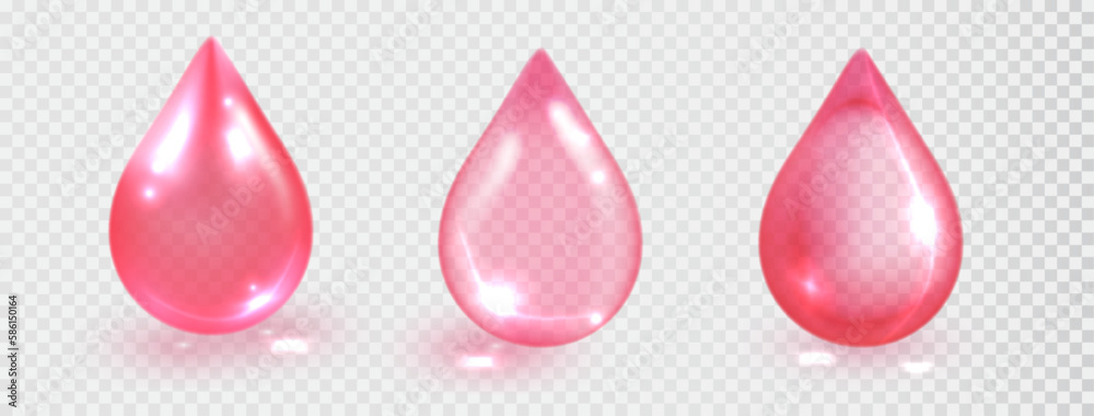 Pink transparent dros set. Vector realistic droplet cosmetic liquid isolated on transparent background. Solution complex pink shining with vitamins, collagen, serum drops