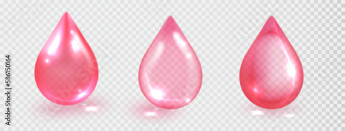 Pink transparent dros set. Vector realistic droplet cosmetic liquid isolated on transparent background. Solution complex pink shining with vitamins, collagen, serum drops