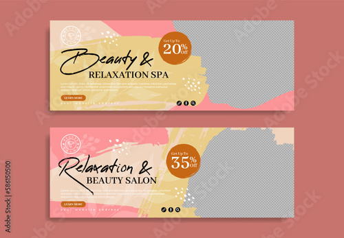 Beauty spa salon business marketing social media cover or banner with brush stroke background. Cosmetic product sale advertisement poster. Body fitness or skin makeup parlor service promotion flyer.