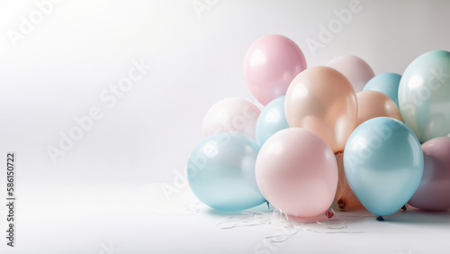 Pastel tone colors of balloon on white background with copy space. generative ai.