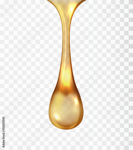 Golden liquid droplet isolated on transparent background. Yellow Realistic translucent cosmetic spa serum drop, vitamin, gel, golden honey or lotion.