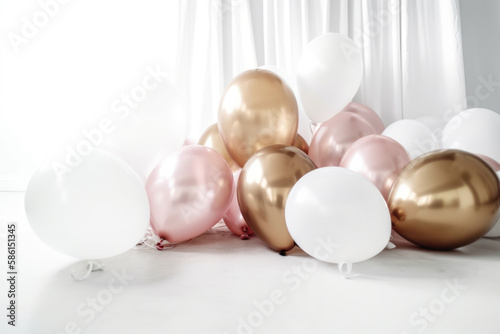 Pink gold and white balloon on white background with copy space. generative ai.