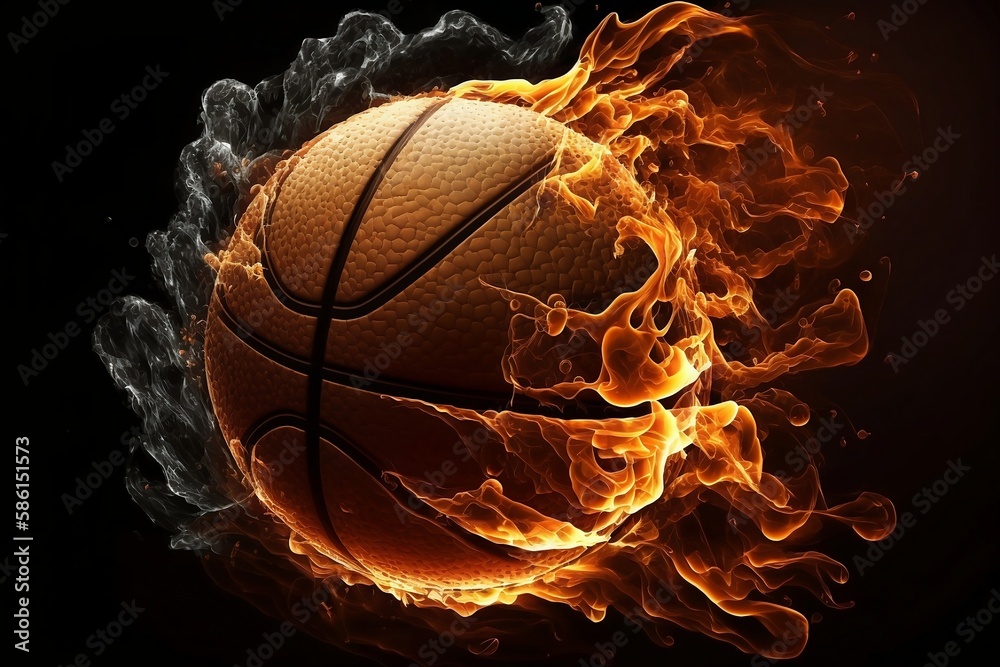 Close-up flying realistic basketball ball in fire and smoke Isolated on black background. Generative AI