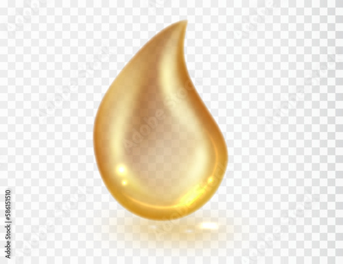 Gold drop isolated on transparent background. Vector realistic droplet for design. Clear bubbles, elements cosmetic spa droplet.