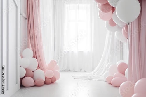 Pink and white balloon on white  room with curtain background. generative ai.