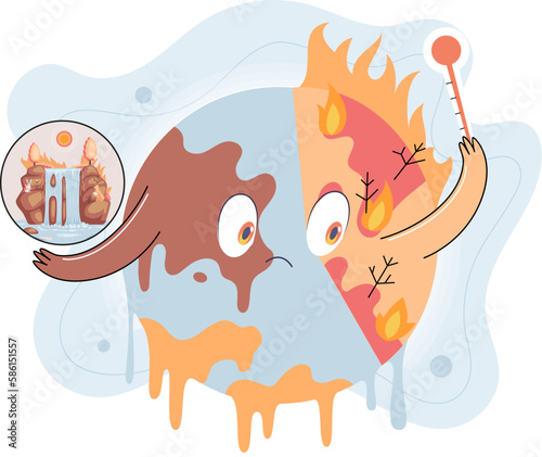 Planet Earth is melting and dying of global warming. Ecological disaster concept. Take care world. Climate change, increase in planet temperature, animal death. Saving Earth and environmental care