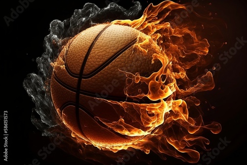 Close-up flying realistic basketball ball in fire and smoke Isolated on black background. Generative AI © Natali2510