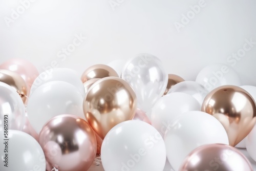 Pink gold and white balloon on white background with copy space. generative ai.
