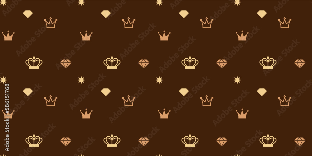 Vector seamless pattern with beautiful jewelry on color background. Flat line art style design of seamless pattern with crown, diamond, star