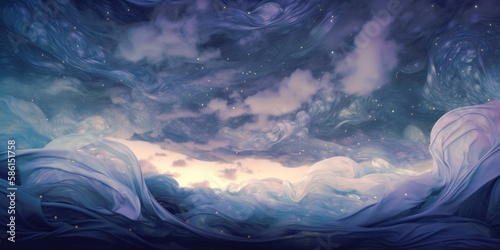 Cosmic windblown floating fabric folds as dreamlike ocean waves, deep blue sea mystique, imaginary twilight lavender purple starry cloudscape, soft soothing fantasy background - generative AI