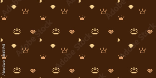 Vector seamless pattern with beautiful jewelry on color background. Flat line art style design of seamless pattern with crown, diamond, star