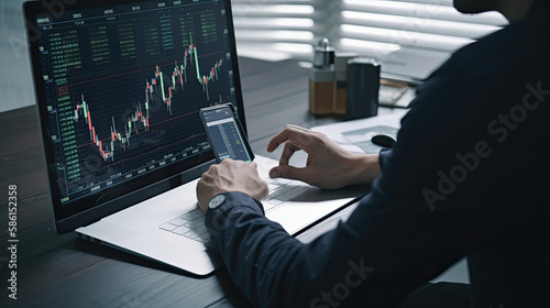 Businessman analyzing stock market data on computer. Stock market data concept, Generative AI