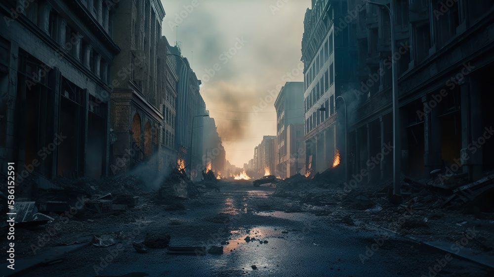 City destroyed by the fire. Generative AI City destroyed by the fire. Generative AI