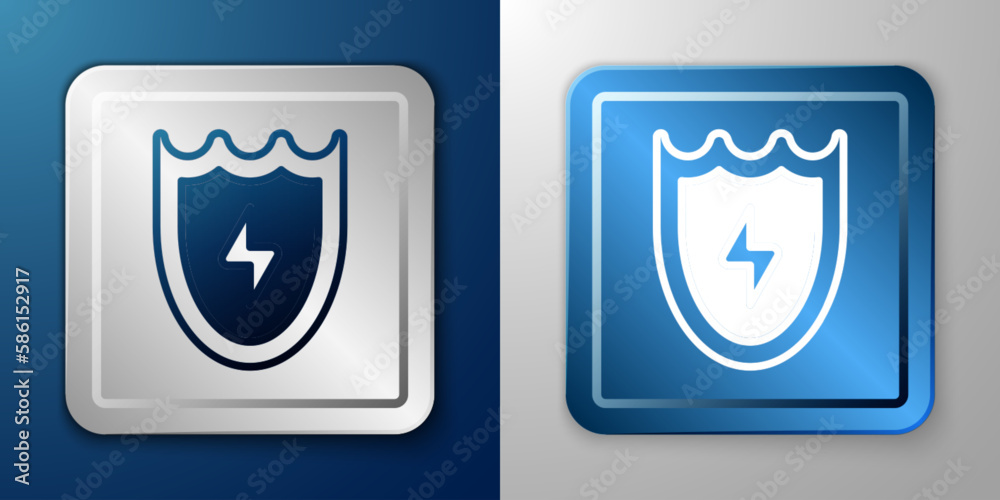White Lightning and shield icon isolated on blue and grey background. High voltage shield. Safe energy. Silver and blue square button. Vector