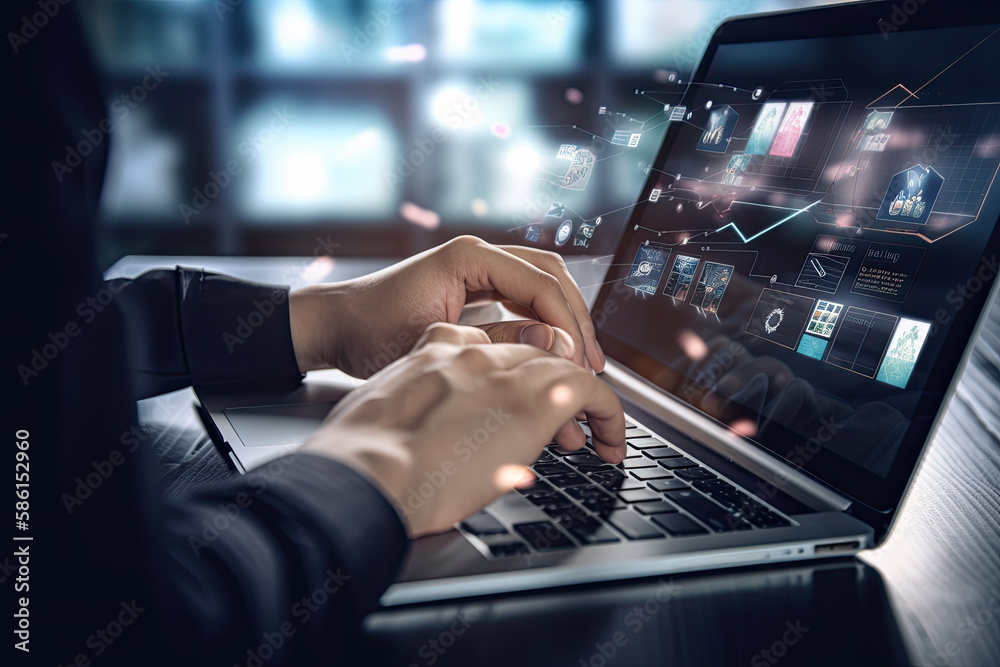 Close up of businessman hands using laptop with digital business interface on screen, Generative AI Close up of businessman hands using laptop with digital business interface on screen, Generative AI
