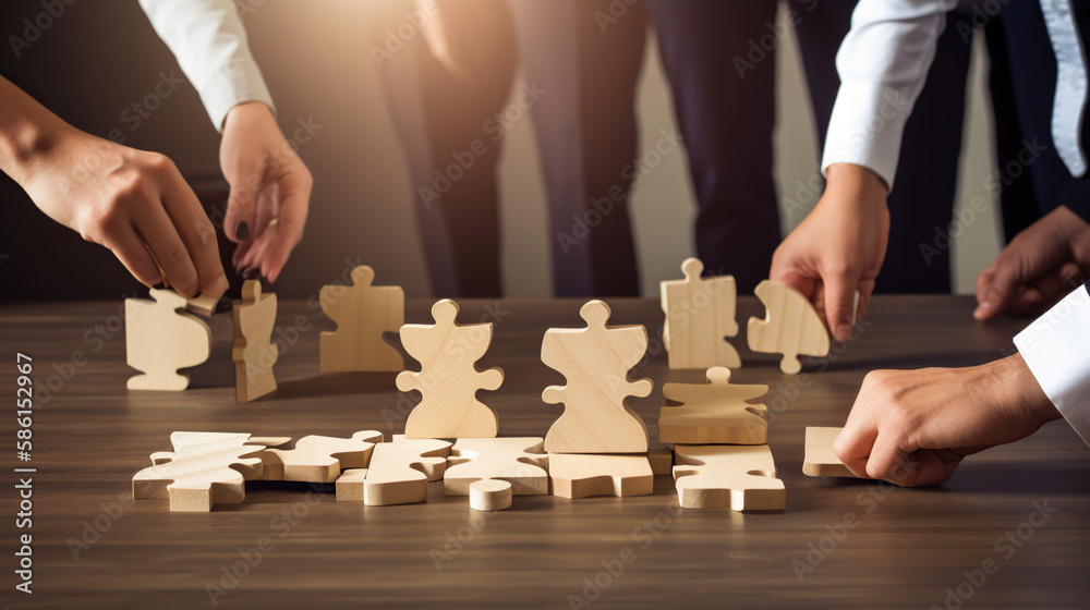 Teamwork concept. Close up of business people stacking wooden puzzle pieces. Generative AI Teamwork concept. Close up of business people stacking wooden puzzle pieces. Generative AI