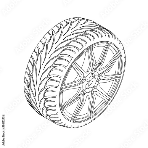 Outline of an automobile wheel from black lines isolated on a white background. Isometric view. 3D. Vector illustration.