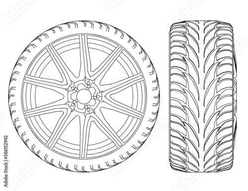 Outline of an automobile wheel from black lines isolated on a white background. Side view, front. Vector illustration.