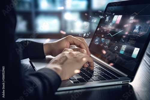 Close up of businessman hands using laptop with digital business interface on screen, Generative AI