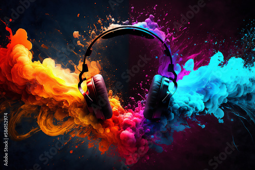 music background with headphones and vibrant colours, created with Generative AI 