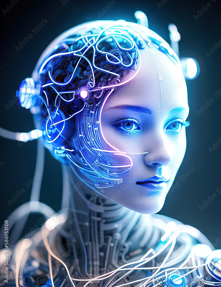 Obraz premium Illustration of head robot woman with electronic system isolated on black background. Generative AI
