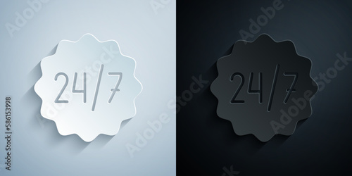 Paper cut Clock 24 hours icon isolated on grey and black background. All day cyclic icon. 24 hours service symbol. Paper art style. Vector
