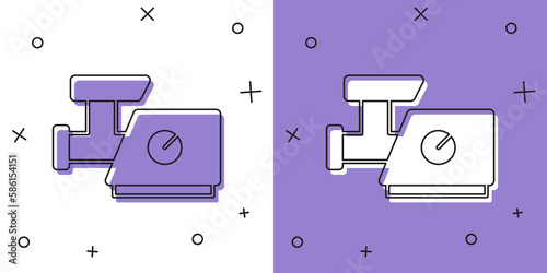Set Kitchen meat grinder icon isolated on white and purple background. Vector