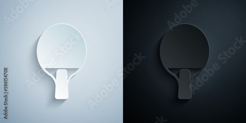 Paper cut Racket for playing table tennis icon isolated on grey and black background. Paper art style. Vector