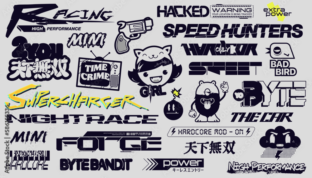 Cyberpunk motorsport decals set. Set of vector stickers and labels in