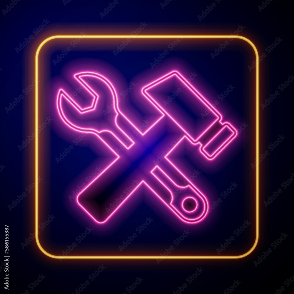 Glowing neon Crossed hammer and wrench spanner icon isolated on black background. Hardware tools. Vector Glowing neon Crossed hammer and wrench spanner icon isolated on black background. Hardware tools. Vector