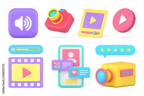 Blog vlog multimedia content create video music online broadcasting set 3d icon realistic vector
