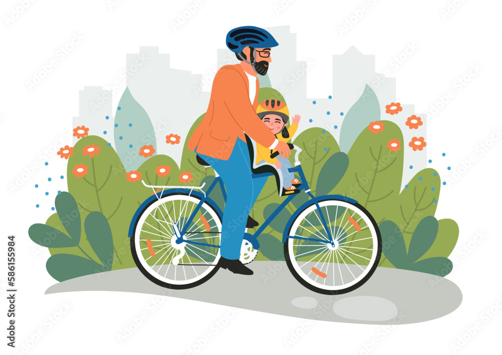 Man with child in helmets on bike. Happy father and daughter together in summer city park. Kid in bicycle children chair. Family relationship concept. 