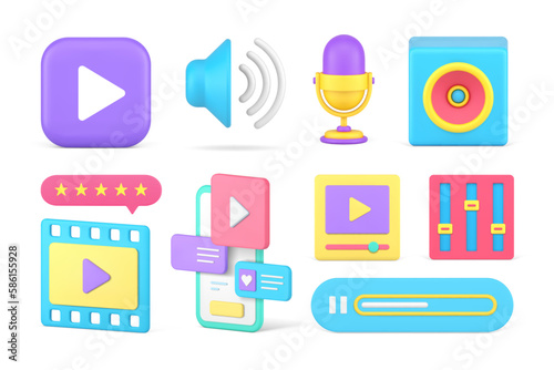 Multimedia digital content music video broadcast smartphone application set 3d icon realistic vector