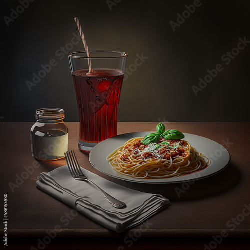 Table with a plate of spaghetti and glass. Illustration of dinner background. Created with Generative AI.