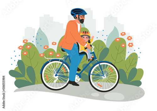 Man with child in helmets on bike. Happy father and daughter together in summer city park. Kid in bicycle children chair. Family relationship concept. 